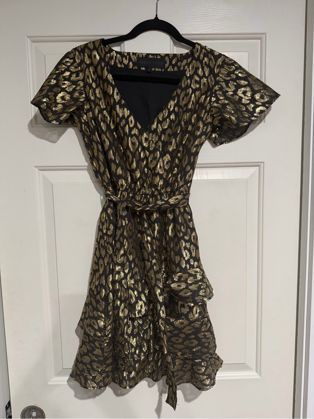 Kendall & Kylie Black and Gold Leopard Wrap Midi Dress